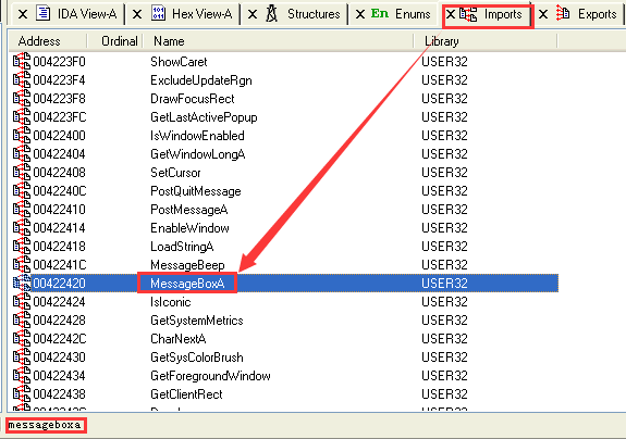 自动定位到MessageBoxA函数